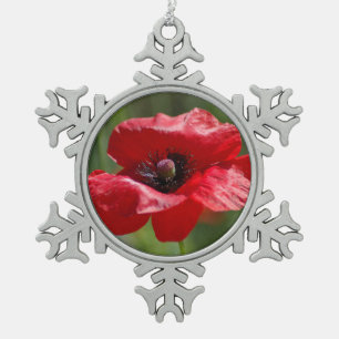 Single red poppy snowflake pewter christmas ornament