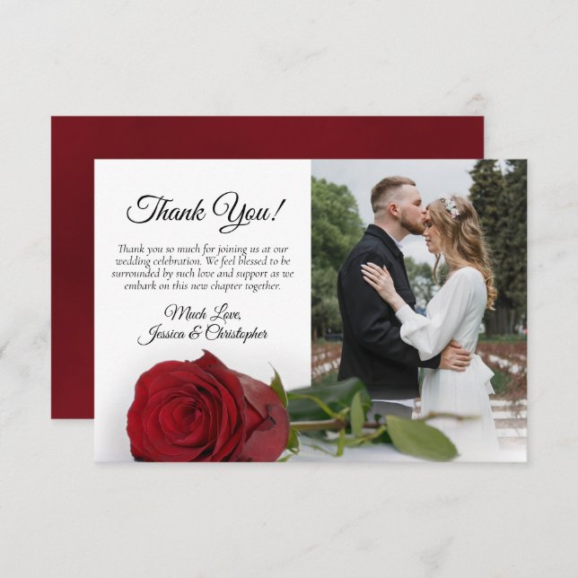 Single Red Rose Elegant Wedding Photo Thank You Card (Front/Back)