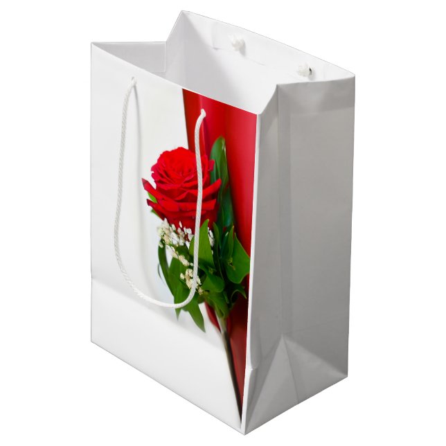 Single Red Rose – Floral White Background Medium Gift Bag (Front Angled)