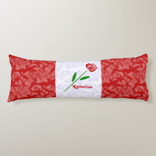 Single Red Rose Green Stem Leaves Customise Name Body Cushion