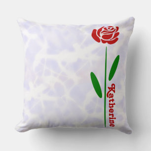 Single Red Rose Green Stem Leaves Customise Name Cushion