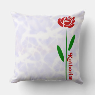 Single Red Rose Green Stem Leaves Customise Name Cushion