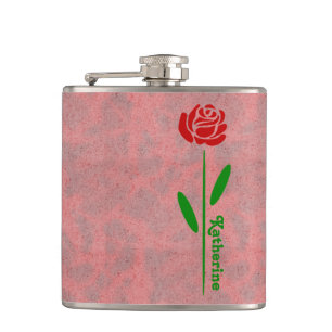 Single Red Rose Green Stem Leaves Customise Name Hip Flask