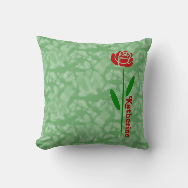 Single Red Rose Green Stem Leaves Personalised Cushion (Front)
