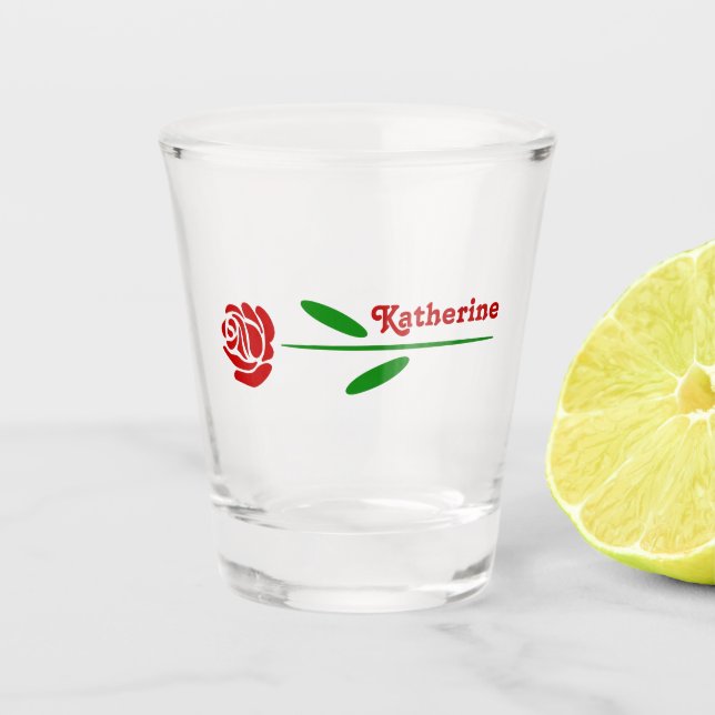Single Red Rose Green Stem Leaves Personalised  Shot Glass (Front)