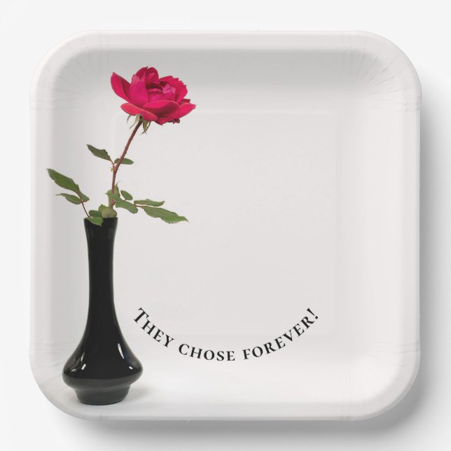 single red rose in black vase paper plate (Front)