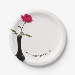 single red rose in black vase paper plate