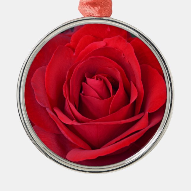 Single red rose in full bloom metal ornament (Front)