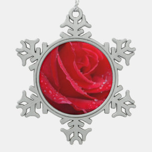 Single red rose pewter snowflake ornament