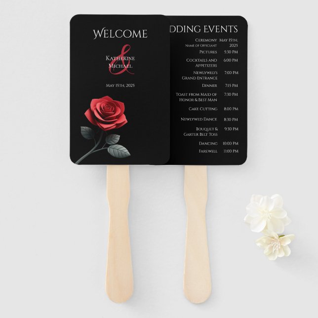 Single Red Rose-Wedding Program Hand Fan (Front and Back)