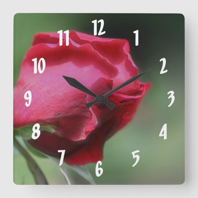 Single Red Rosebud Flower Square Wall Clock (Front)