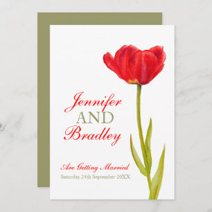 Single red tulip art white green wedding invitation