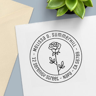 Single Rose Round Address Self-inking Stamp