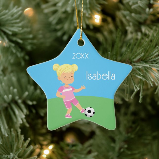Single Sided Blonde Girl Soccer Star Ceramic Ornament (Tree)