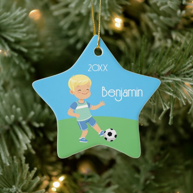 Single Sided Blonde Soccer Boy Ceramic Ornament (Tree)