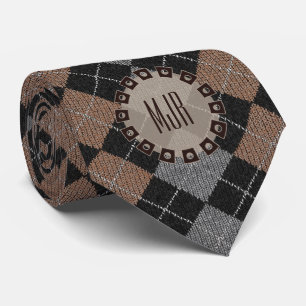 Single Sided Brown, Grey and Black Argyle Tie