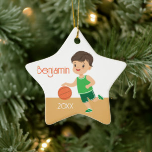 Single Sided Brunette Boy Basketball  Ceramic Ornament