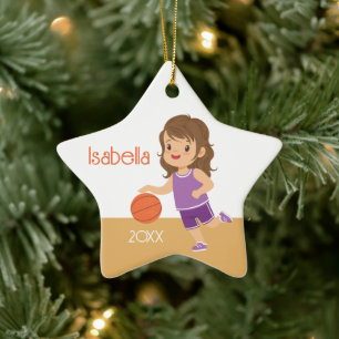 Single Sided Brunette Girl Basketball Ceramic Ornament