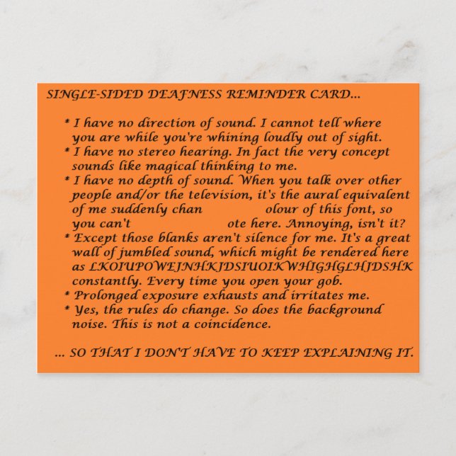 Single-Sided Deafness Crib Sheet Postcard (Front)