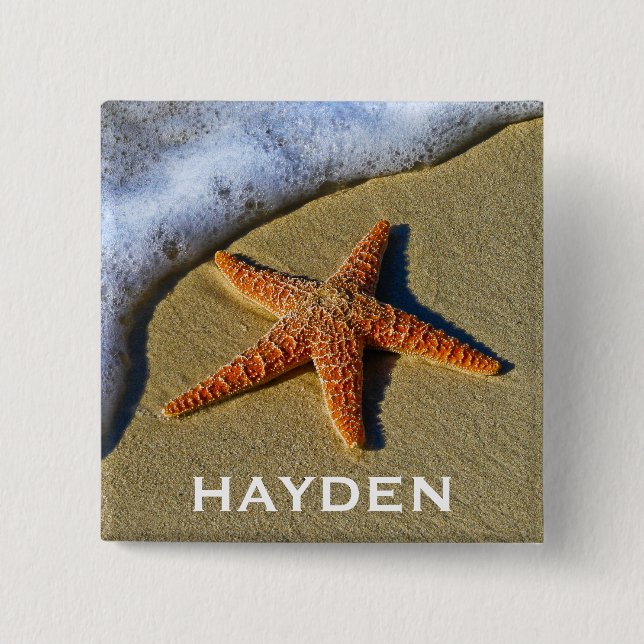 Single Starfish on Beach Personalised 15 Cm Square Badge (Front)