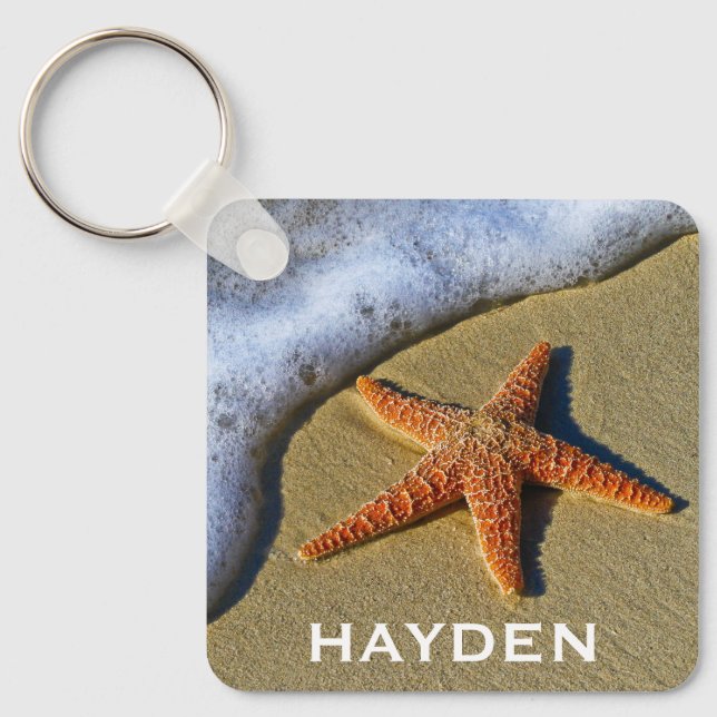 Single Starfish on Beach Personalised Key Ring (Front)