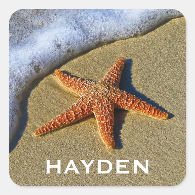 Single Starfish on Beach Personalised Square Sticker (Front)
