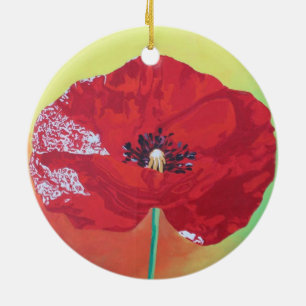 Single Stem Poppy On Red Green And Orange Backgrou Ceramic Tree Decoration