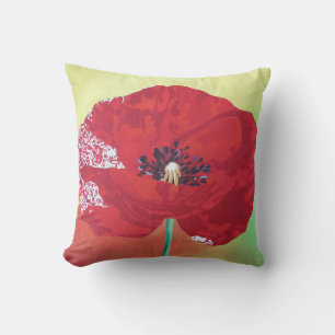 Single Stem Poppy On Red Green And Orange Backgrou Cushion