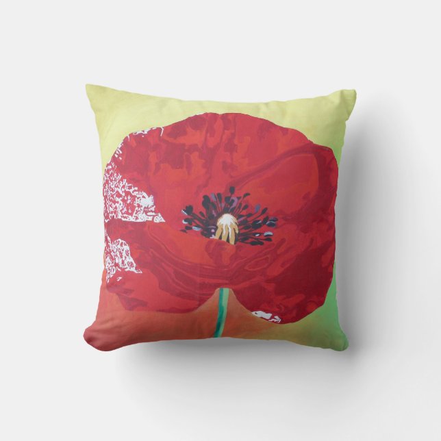 Single Stem Poppy On Red Green And Orange Backgrou Cushion (Front)