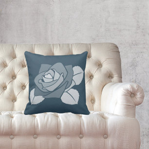 Single Stylised 3 Leaves Blue Rose Blossom Cushion