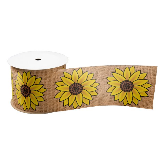 Single Sunflower Design on Tan Burlap Satin Ribbon (Spool)