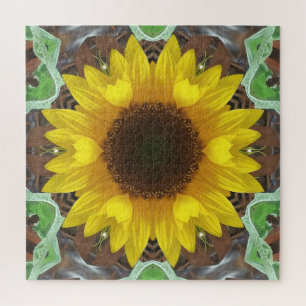 Single Sunflower with Mint Leaves Jigsaw Puzzle