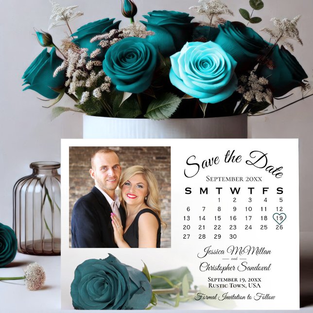 Single Teal Rose Elegant Wedding Calendar & Photo Save The Date (Creator Uploaded)