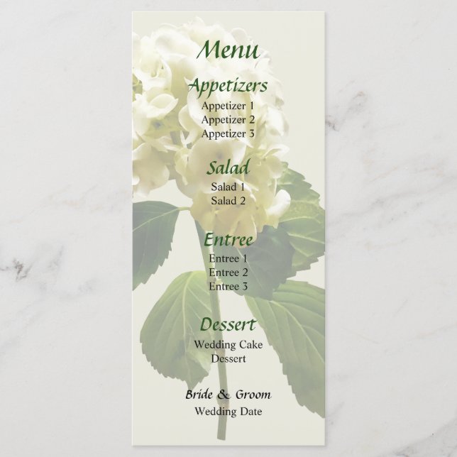 Single White Hydrangea Wedding Menu (Front)