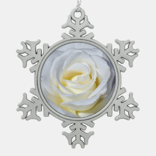 Single white rose pewter snowflake ornament