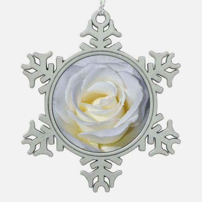 Single white rose pewter snowflake ornament (Front)