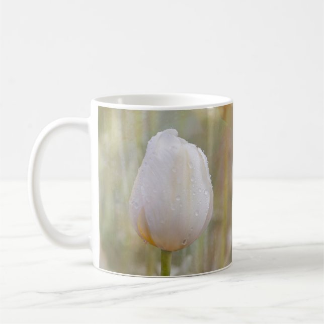Single White Tulip Blossom with Droplets Photo Coffee Mug (Left)