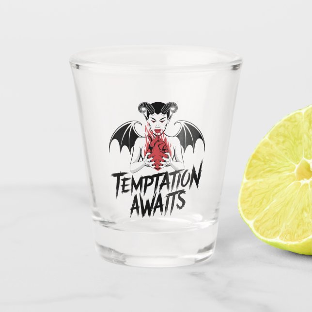 Sinister Gothic Demon Design - Temptation Awaits  Shot Glass (Front)