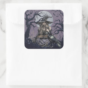 Sinister Witch Casting a Spell in a dark Forest Square Sticker