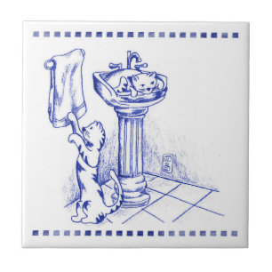 Sink and Towel Kitty Cat Bathroom Toile Look Ceramic Tile