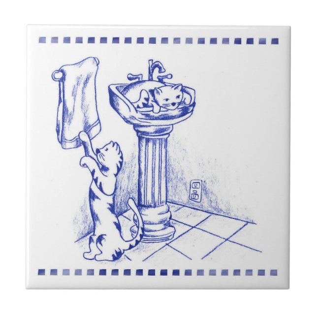 Sink and Towel Kitty Cat Bathroom Toile Look Ceramic Tile (Front)