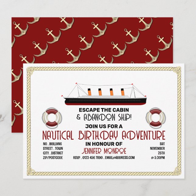 Sinking Ship Theme Escape Room, Birthday Party Invitation (Front/Back)