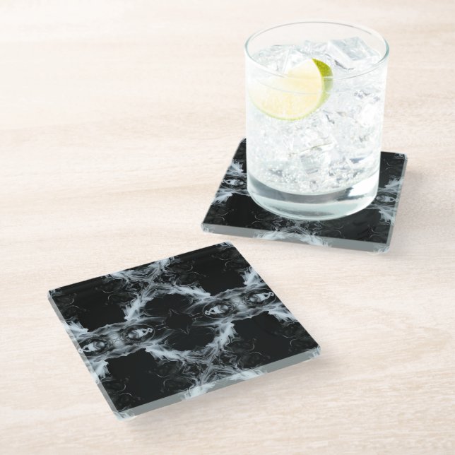 Sins and Virtues Abstract Black White Fluid Art Glass Coaster (Angled)