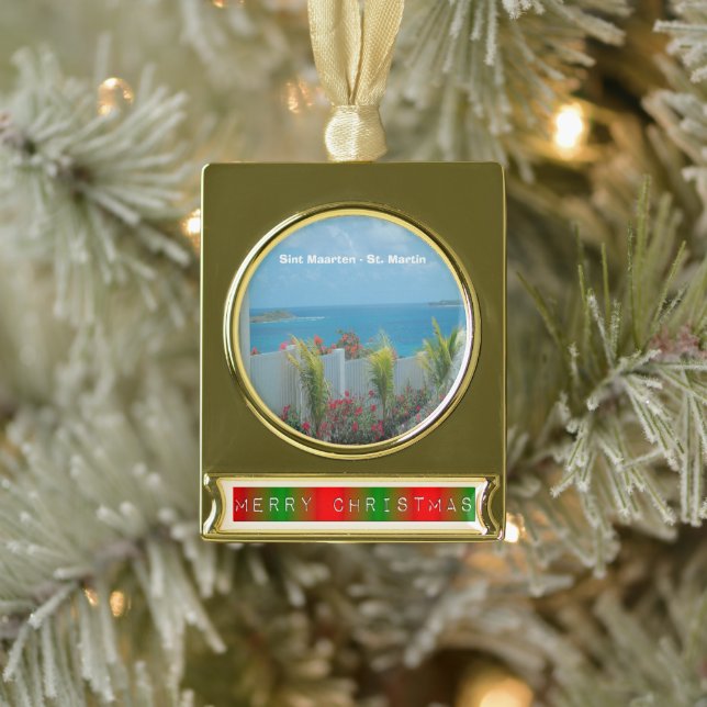 Sint Maarten - St. Martin Ocean Blue Seascape Gold Plated Banner Ornament (Tree)