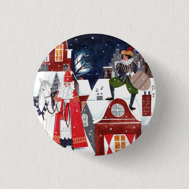 Sinterklaas and Piet on the roofs of Amsterdam 3 Cm Round Badge (Front)