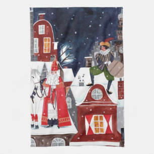 Sinterklaas and Piet on the roofs of Amsterdam Pos Tea Towel