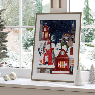 Sinterklaas and Piet on the roofs of Amsterdam Poster