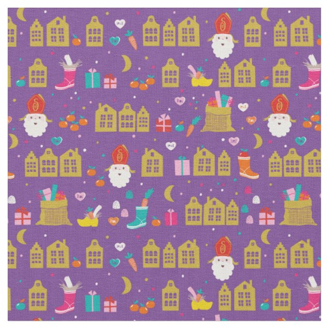 Sinterklaas met huisjes en kadootjes op paars fabric (Close Up)