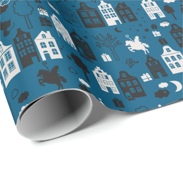 Sinterklaas met paard en huisjes blauw wrapping paper (Roll Corner)
