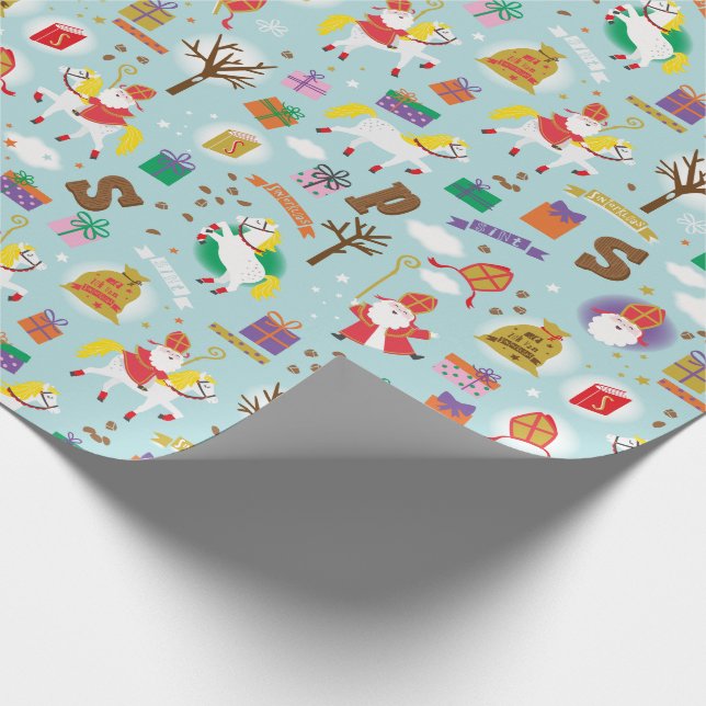 Sinterklaas with white horse, gifts and chocolate wrapping paper (Corner)